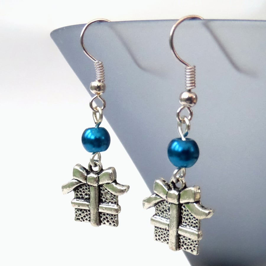 Handmade novelty Christmas earrings with Christmas present charm