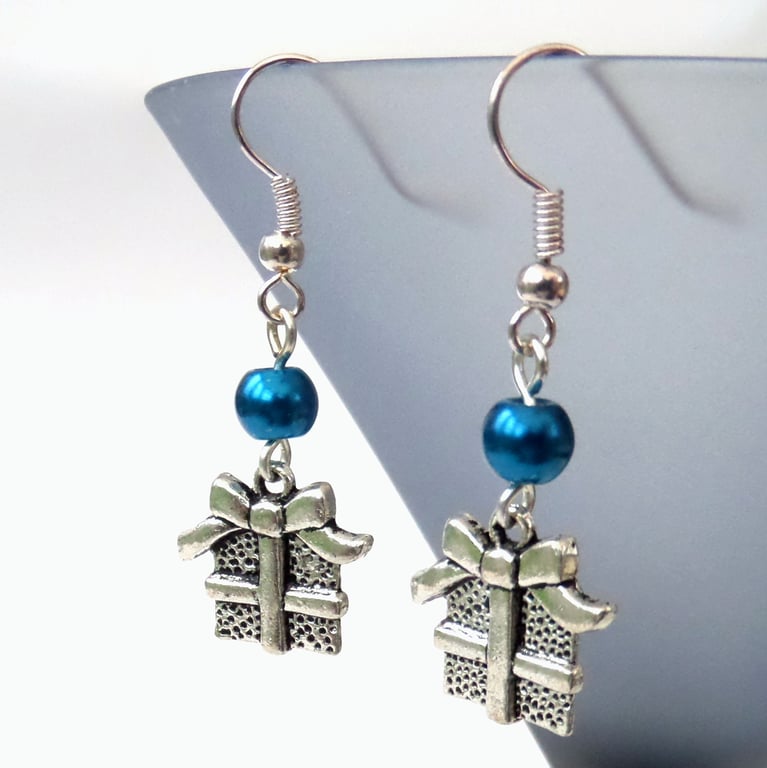 Handmade novelty Christmas earrings with Christmas present charm