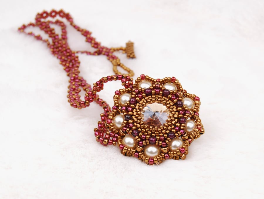 Beaded necklace with Garnet gemstone in bronze and red, January birthstone