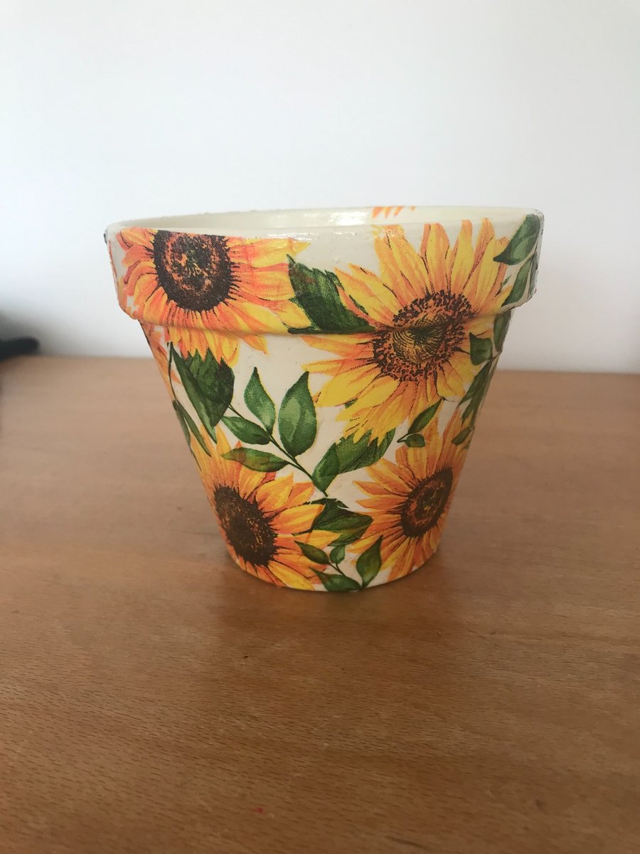Handcrafted decoupaged "Sunflower" design 130mm terracotta flower