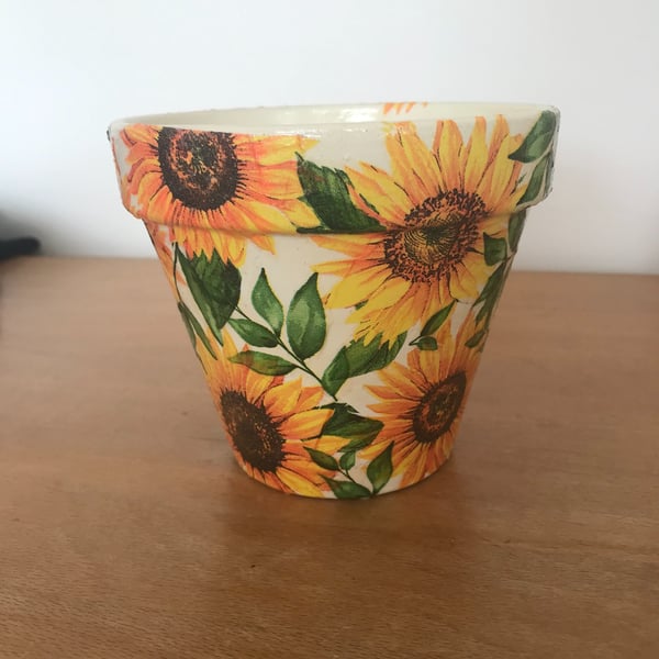 Handcrafted decoupaged "Sunflower" design 130mm terracotta flower