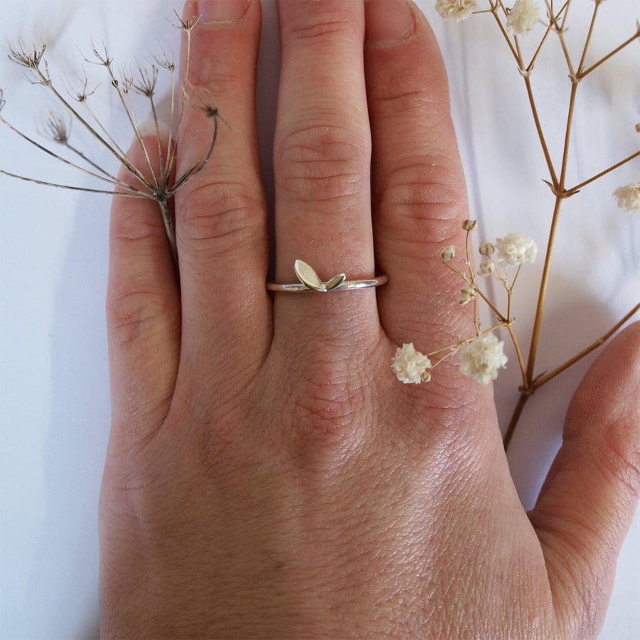 Dainty Leaf Ring, Handmade Recycled Sterling Silver