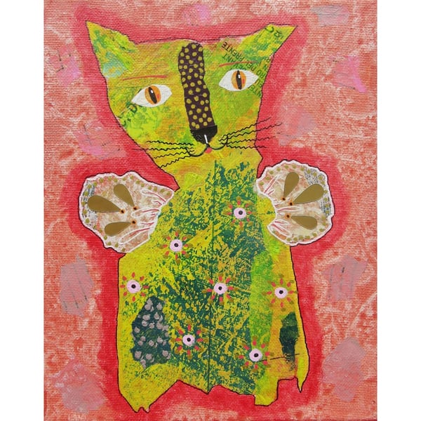 Cat Painting Quirky Yellow Kitty Art 8x10" Canvas Naive Childlike Funky Artwork