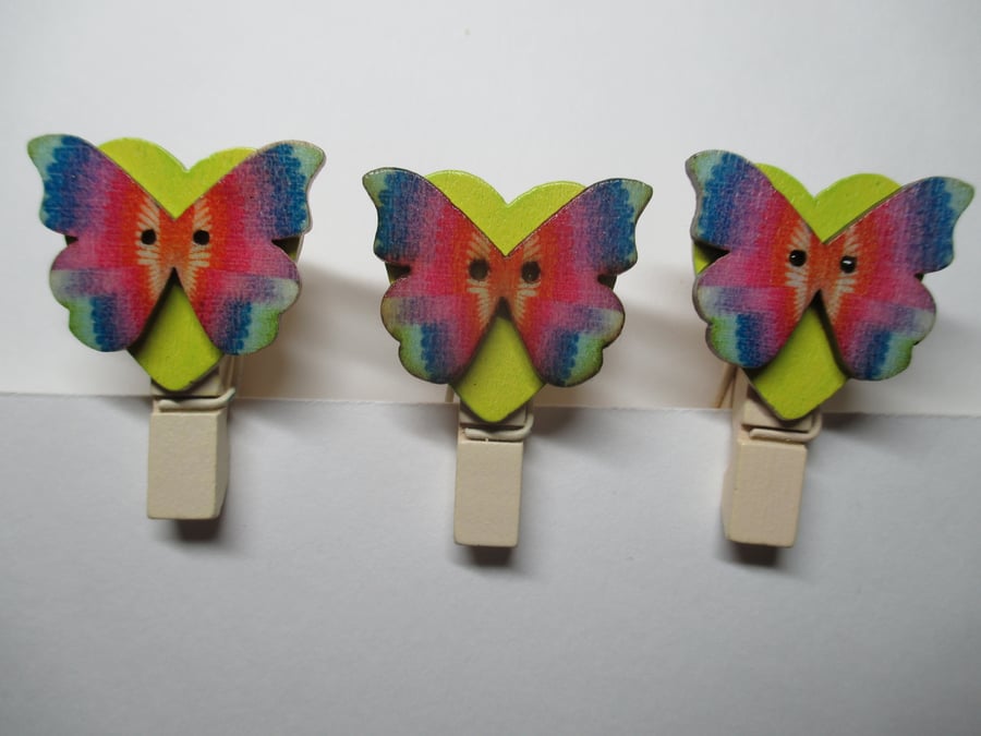 Butterfly on Love Heart Peg Clip Mini Peg Set of three lime green and rainbow