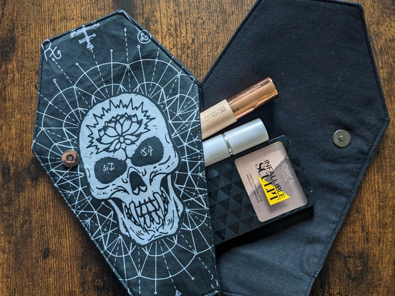 Handmade Skull & Lotus Coffin Cosmetic Bag – Gothic Monochrome Makeup Pouch by A