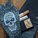 Handmade Skull & Lotus Coffin Cosmetic Bag – Gothic Monochrome Makeup Pouch by A