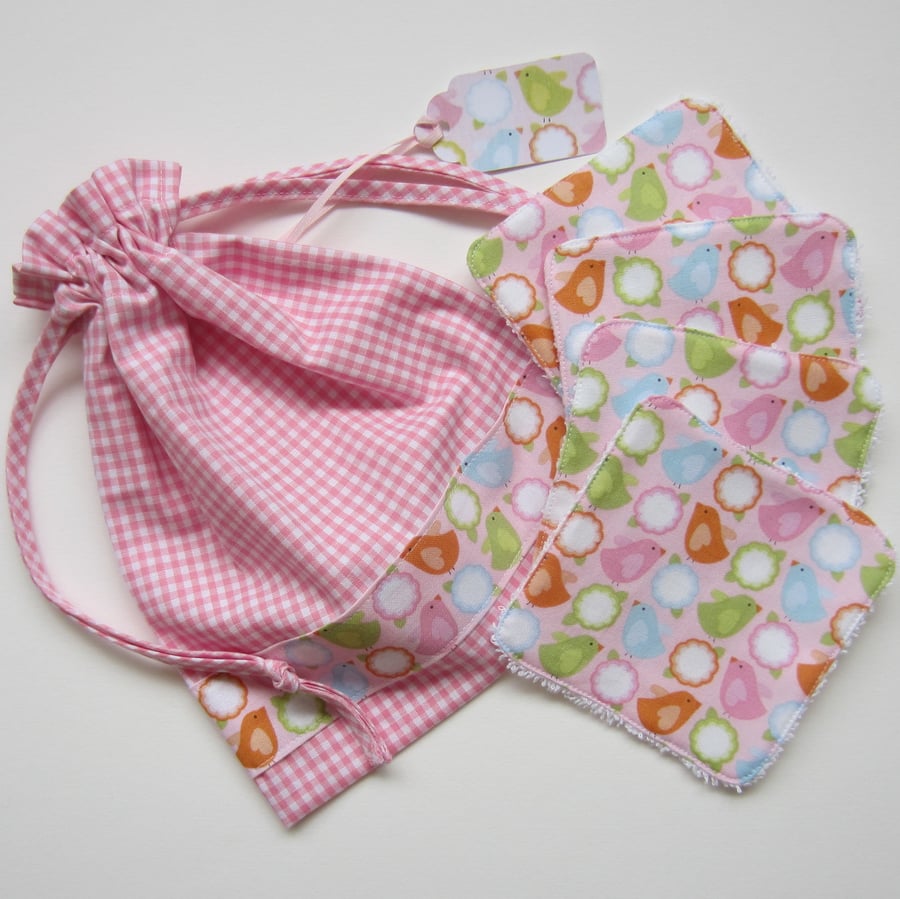 4 Bird Make Up Remover Pads with Drawstring Bag and Gift Label