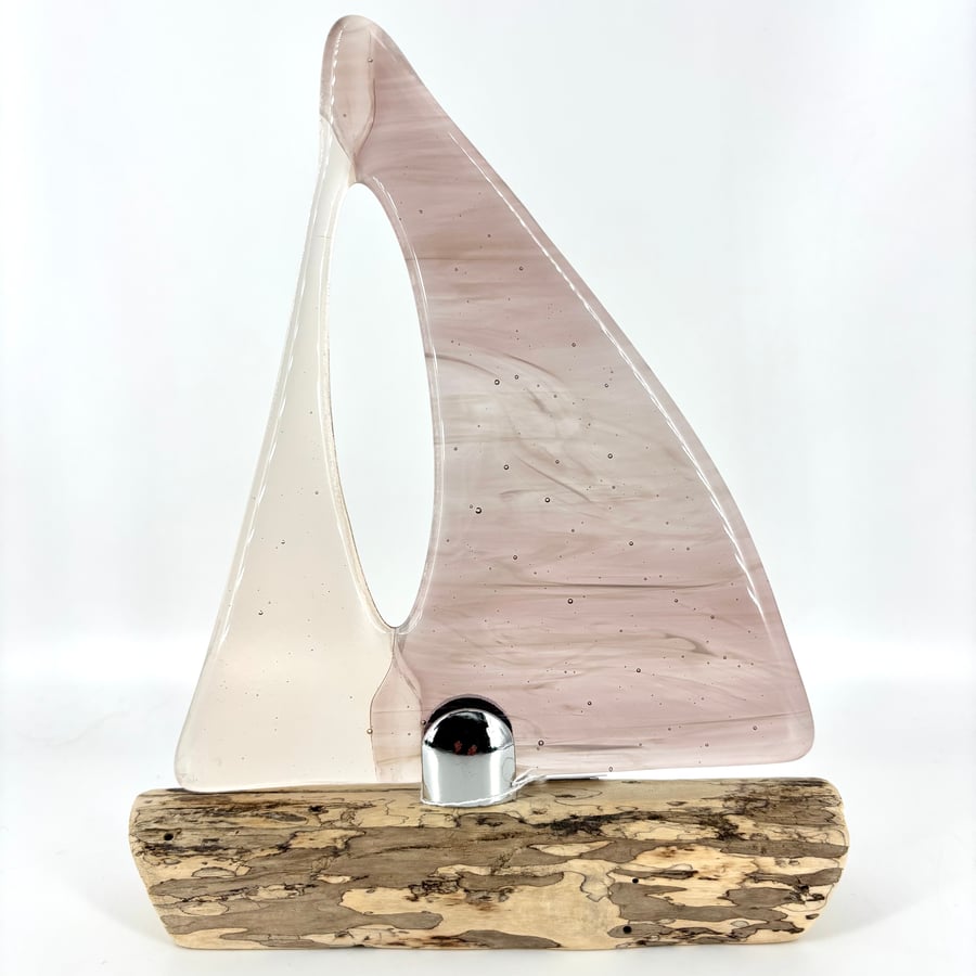 Fused Glass & Drift Wood Sailing Boat - Pink