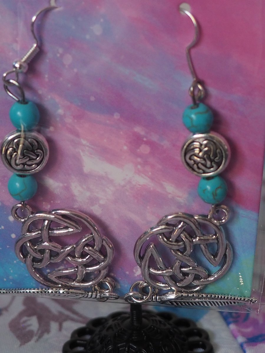 Turquoise Beaded Dangle Earrings With Metal Charms