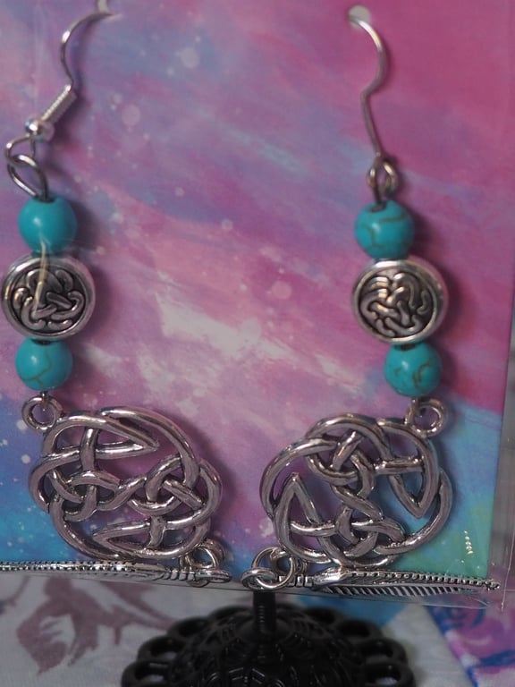 Turquoise Beaded Dangle Earrings With Metal Charms