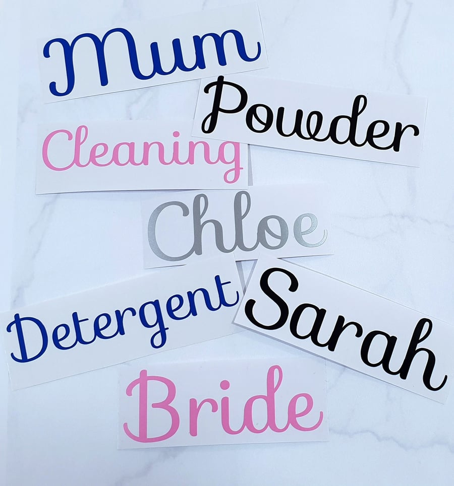 Personalised Name Word Sticker Cleaning Kitchen Label Wedding Names Box Drink 