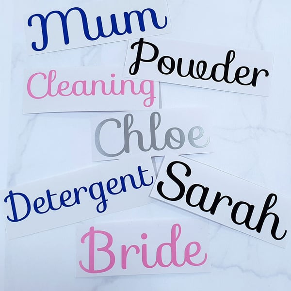 Personalised Name Word Sticker Cleaning Kitchen Label Wedding Names Box Drink 