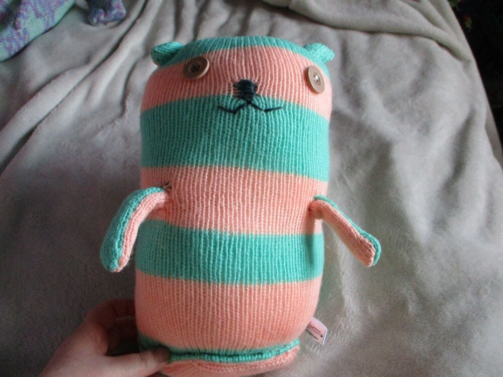 Peach and Dark Mint Banded Giant Cat with Beige Eyes Knitted By KM