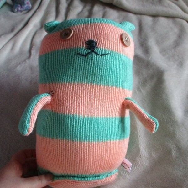 Peach and Dark Mint Banded Giant Cat with Beige Eyes Knitted By KM
