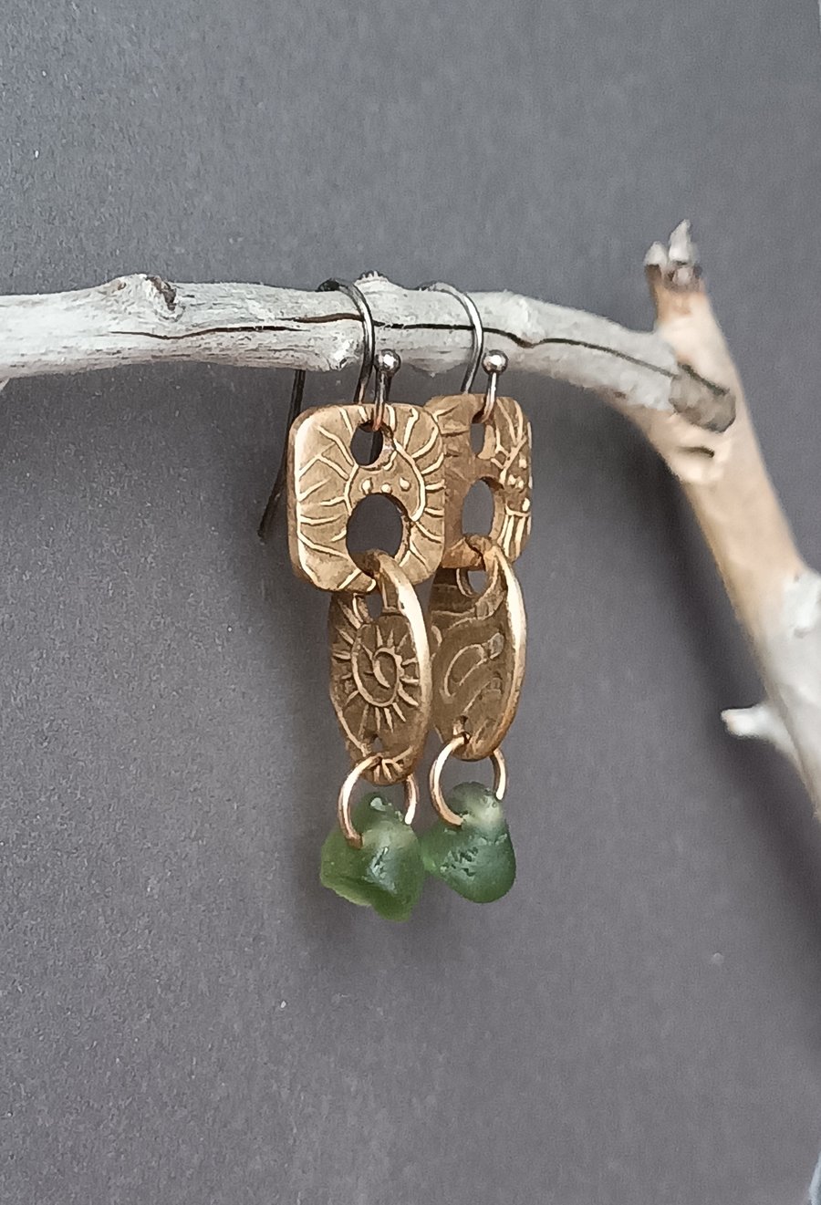 Square and oval Bronze and seaglass dangly earrings, recycled material 