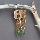 Square and oval Bronze and seaglass dangly earrings, recycled material 
