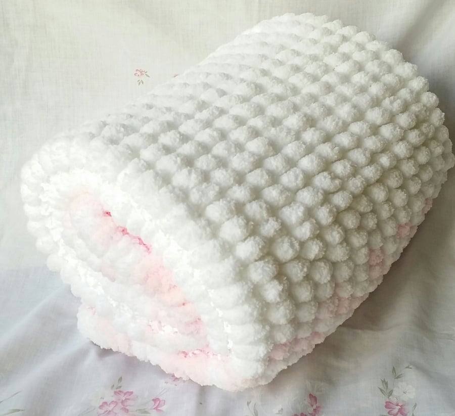Pink & White Pompom Babies Blanket, hand-knitted