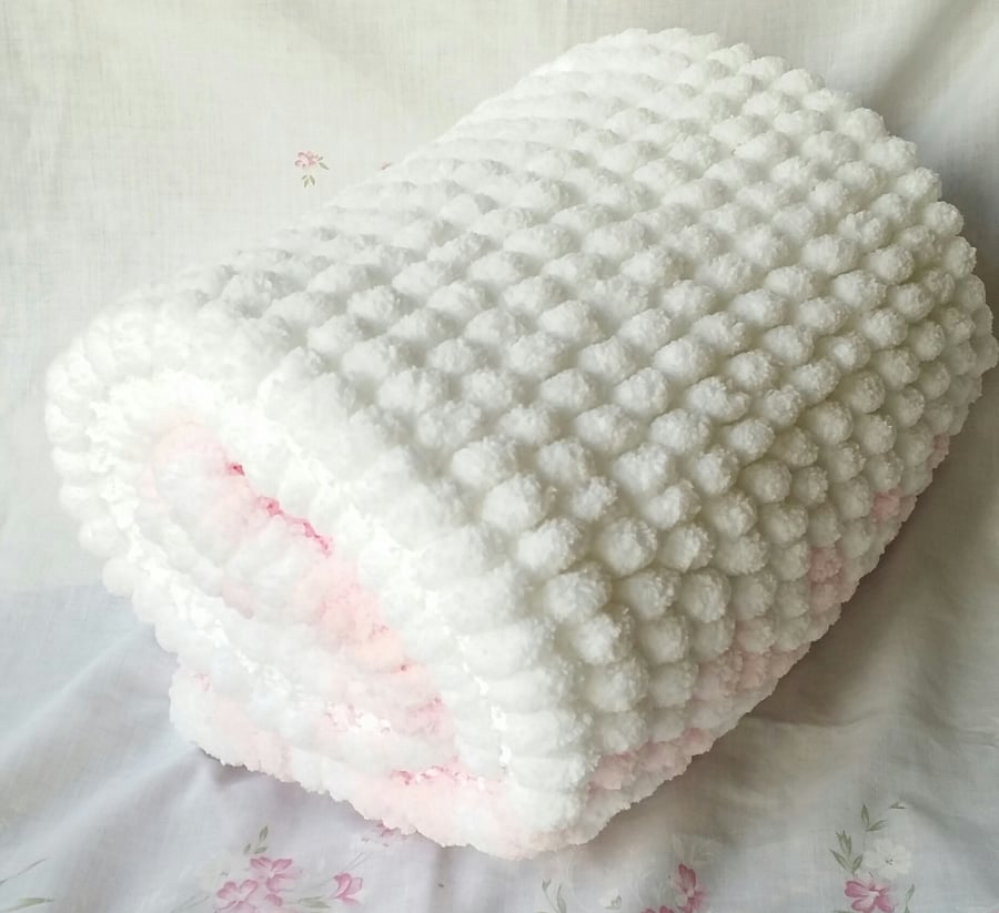 Pink White Pompom Babies Blanket hand kn. Folksy