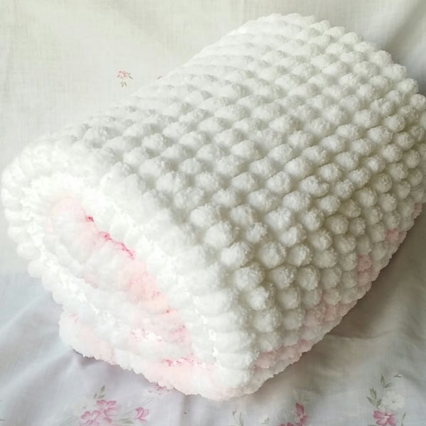 Pink & White Pompom Babies Blanket, hand-knitted
