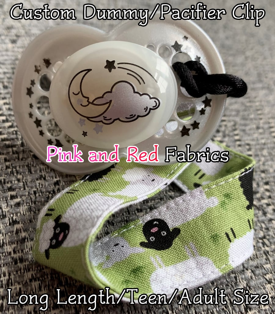 Custom (Pink and Red Colours) LONG LENGTH - ADULT Pacifier Clips