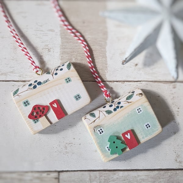 Set of 2 Wooden Festive House Hanging Decorations