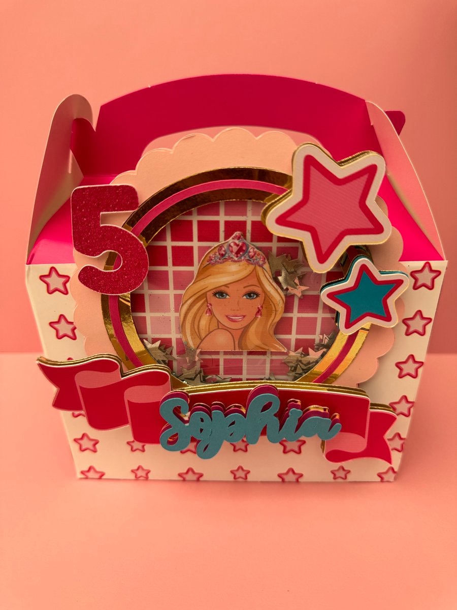 6 Personalised Barbie Inspired Children’s Party Box Gift Bag Favour Event shaker