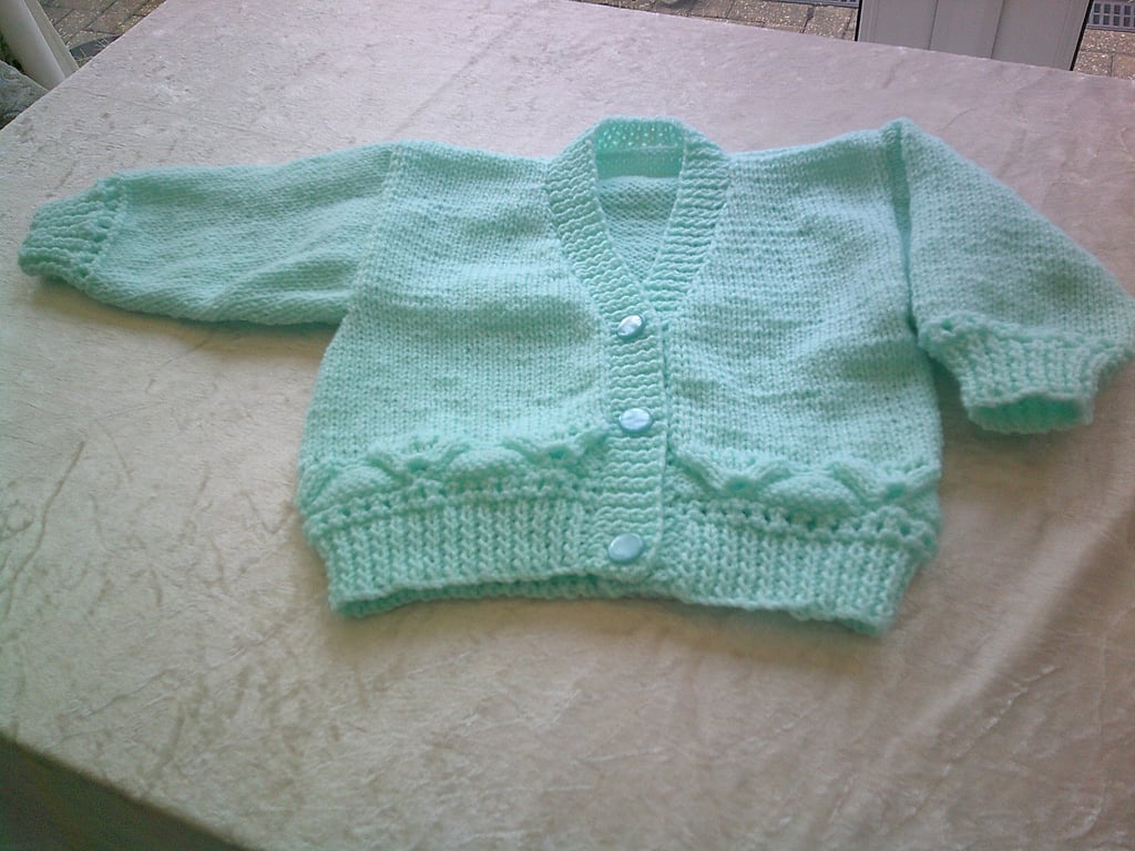 20 inch Aqua V Neck Cardigan with Fan Lacy Design