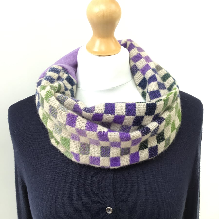 Handwoven lambswool infinity cowl scarf - woven in purple and green tones