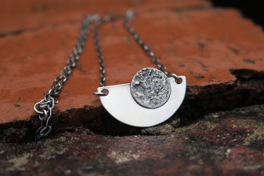 Full Moon Necklace, Silver Geometric Pendant, Handmade Half Circle Necklace 