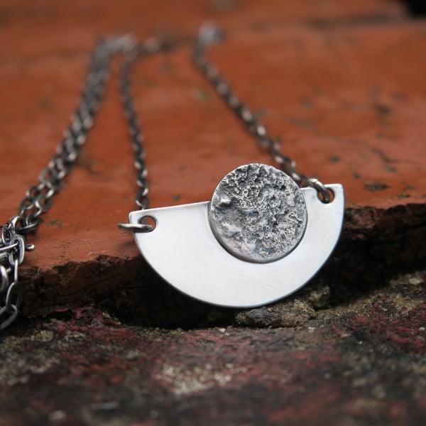 Full Moon Necklace, Silver Geometric Pendant, Handmade Half Circle Necklace 