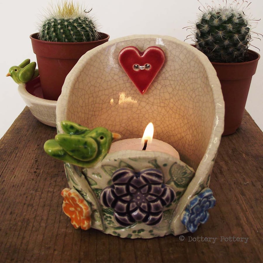 ceramic bird woodland scene candle holder pottery dish trinket pot