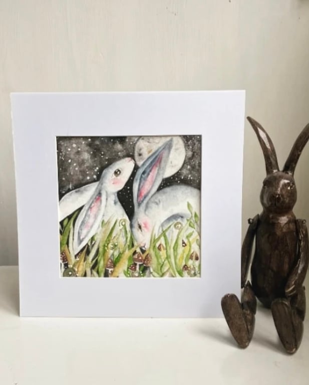 Original Magical Moon Gazing Hare Rabbit Resting in Mushrooms Field Watercolour 