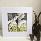 Original Magical Moon Gazing Hare Rabbit Resting in Mushrooms Field Watercolour 