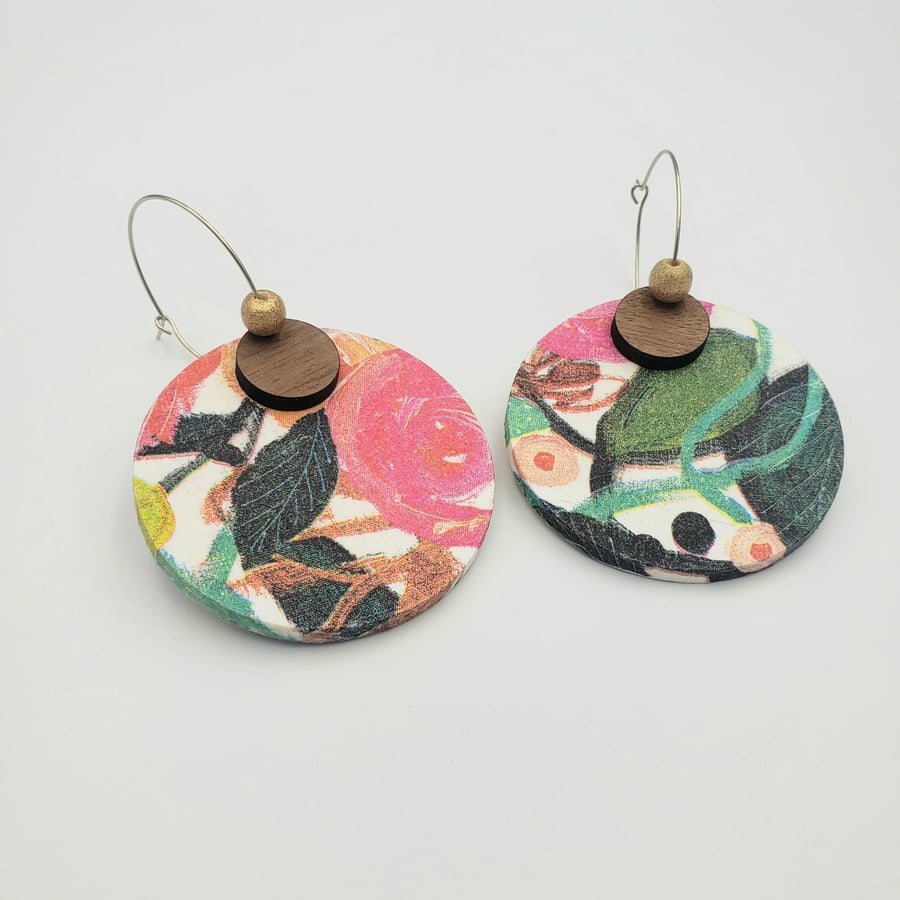 Abstract flower wooden hoop earrings