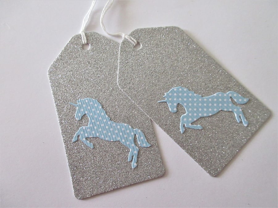 Unicorn Gift Tag x 2 Christmas Present Birthday Gift Label Silver Blue