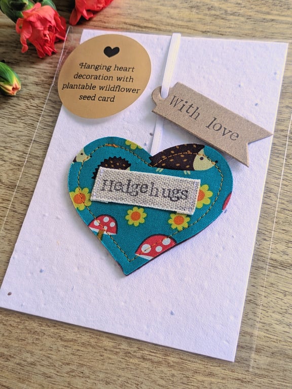 Hedgehugs Hanging Heart Decoration with Recycled Plantable Wildflower Seed Card