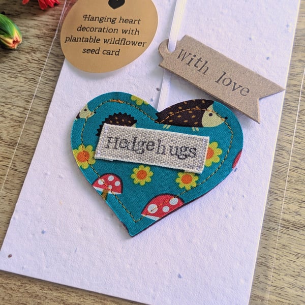 Hedgehugs Hanging Heart Decoration with Recycled Plantable Wildflower Seed Card