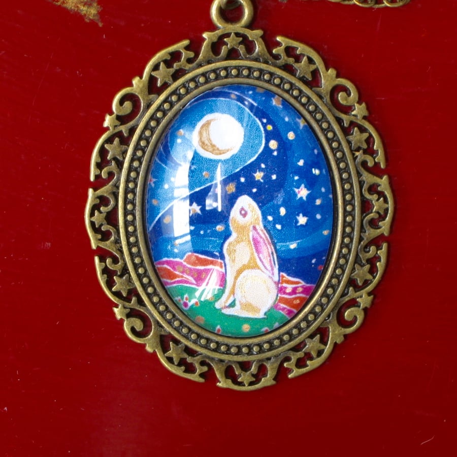 Sale! Moon Gazing Hare Necklace, Miniature Painting Pendant