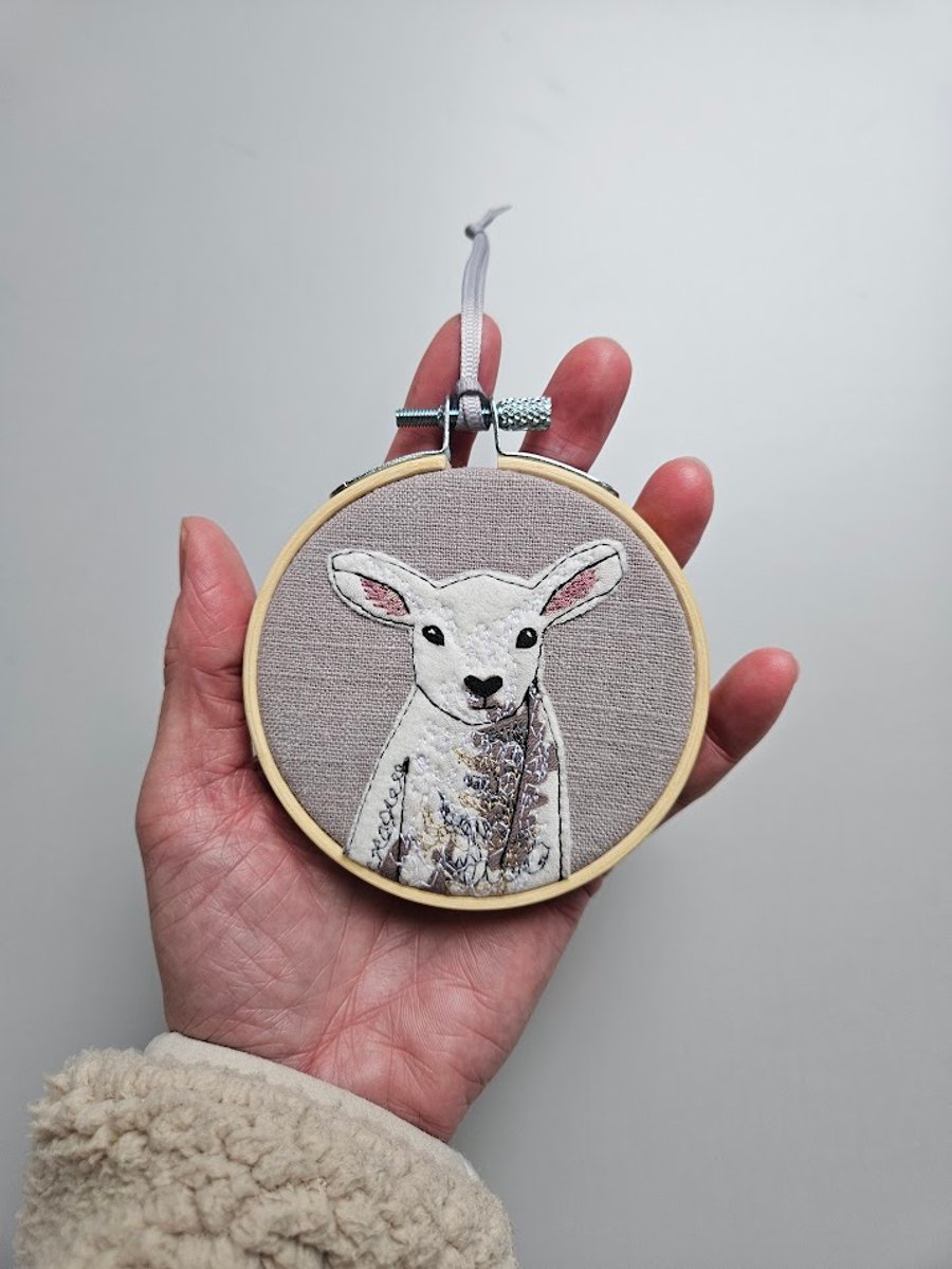 Handmade Spring Lamb mini hoop hanging decoration - applique and embroidery