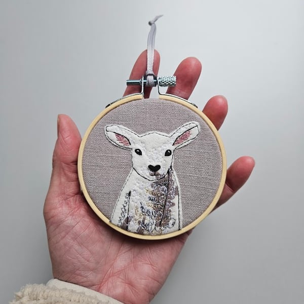 Handmade Spring Lamb mini hoop hanging decoration - applique and embroidery