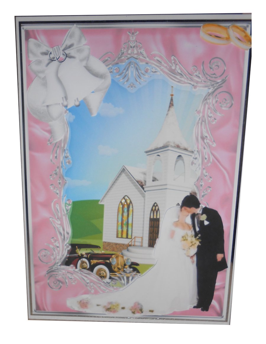 Wedding Couple kissing, Church in pink frame 3D