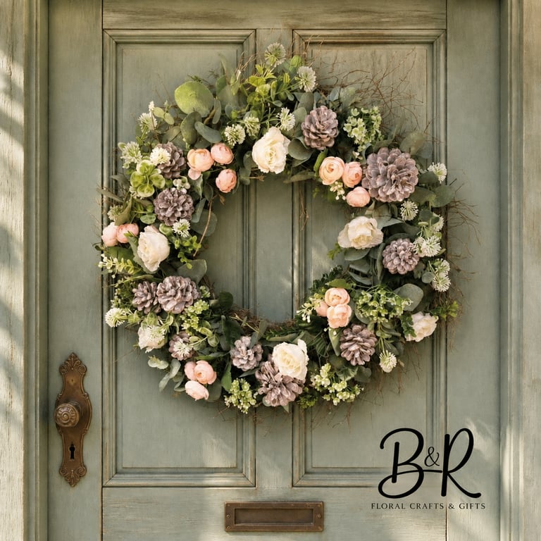 Artificial Eucalyptus Pine Cone Rose Wreath - Farmhouse Front Door Décor (56cm)