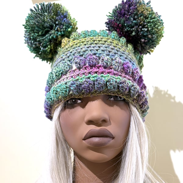 Pom Pom Hand Crochet  Hat