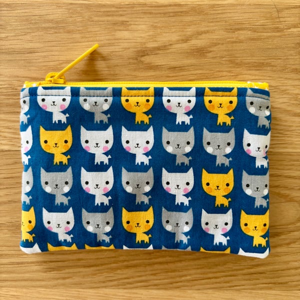 Small zipped fabric purse, pouch, make up bag, blue with fun cat print
