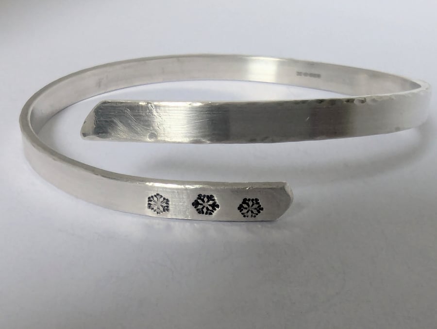 Sterling Silver Bangle, hand-stamped with snowflakes
