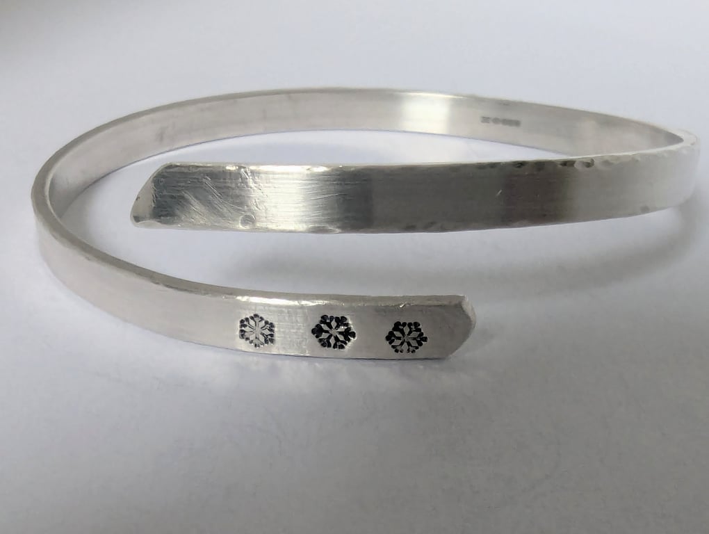 Sterling Silver Bangle, hand-stamped with snowflakes
