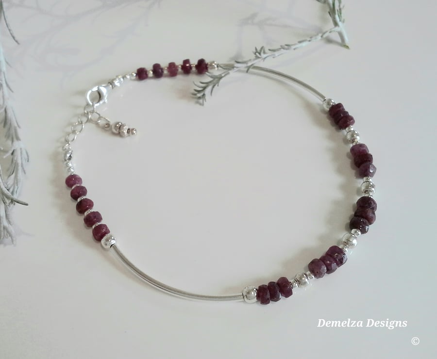 Natural Dainty African Ruby Sterling Silver Bangle