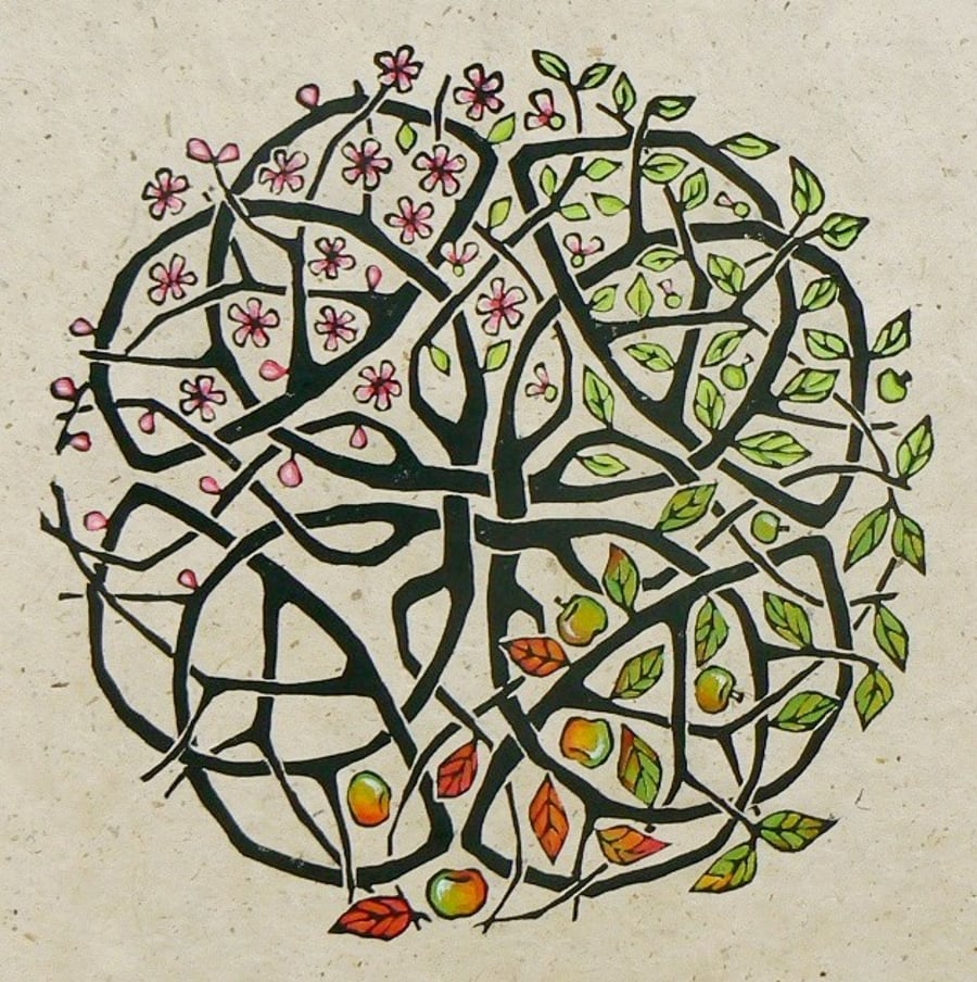 Apple Tree Celtic Knot Lino cut print
