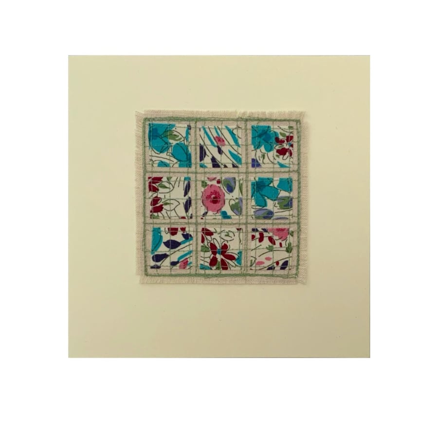 Embroidered Patchwork Card: Liberty Fabric Stitched on Linen