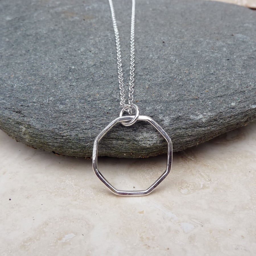 Sterling Silver Octagon Hoop Ring Circle Pendant Necklace - PEN039